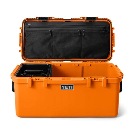 an opened YETI LoadOut GoBox shown with compartment and zippered cover compartment bag