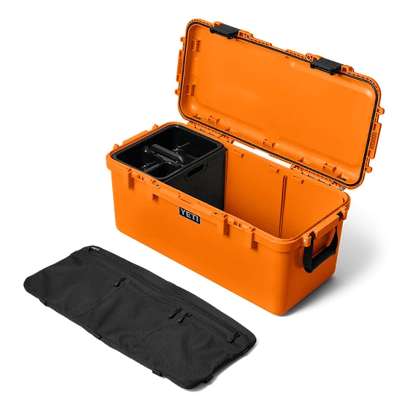 an opened YETI LoadOut GoBox shown with removable compartment and added cover zippered bag 