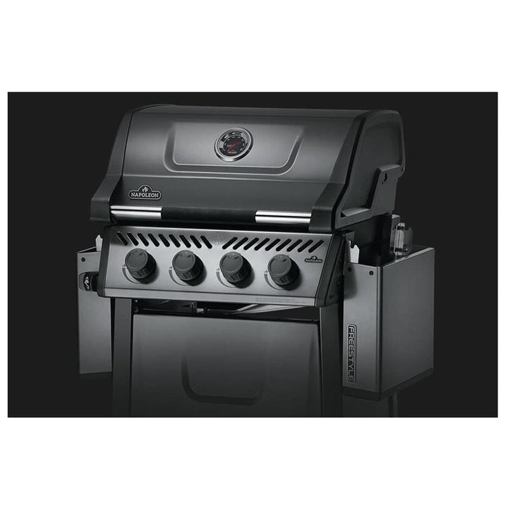 Napoleon Freestyle 425 4-Burner Gas Grill knobs, lid, thermostat and shelves down