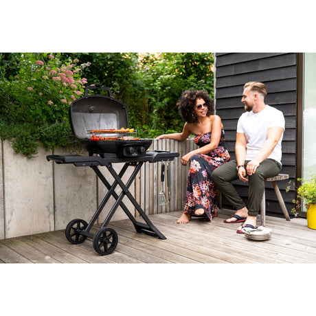 people smiling and talking while grilling food on Napoleon Phantom TravelQ portable outdoors