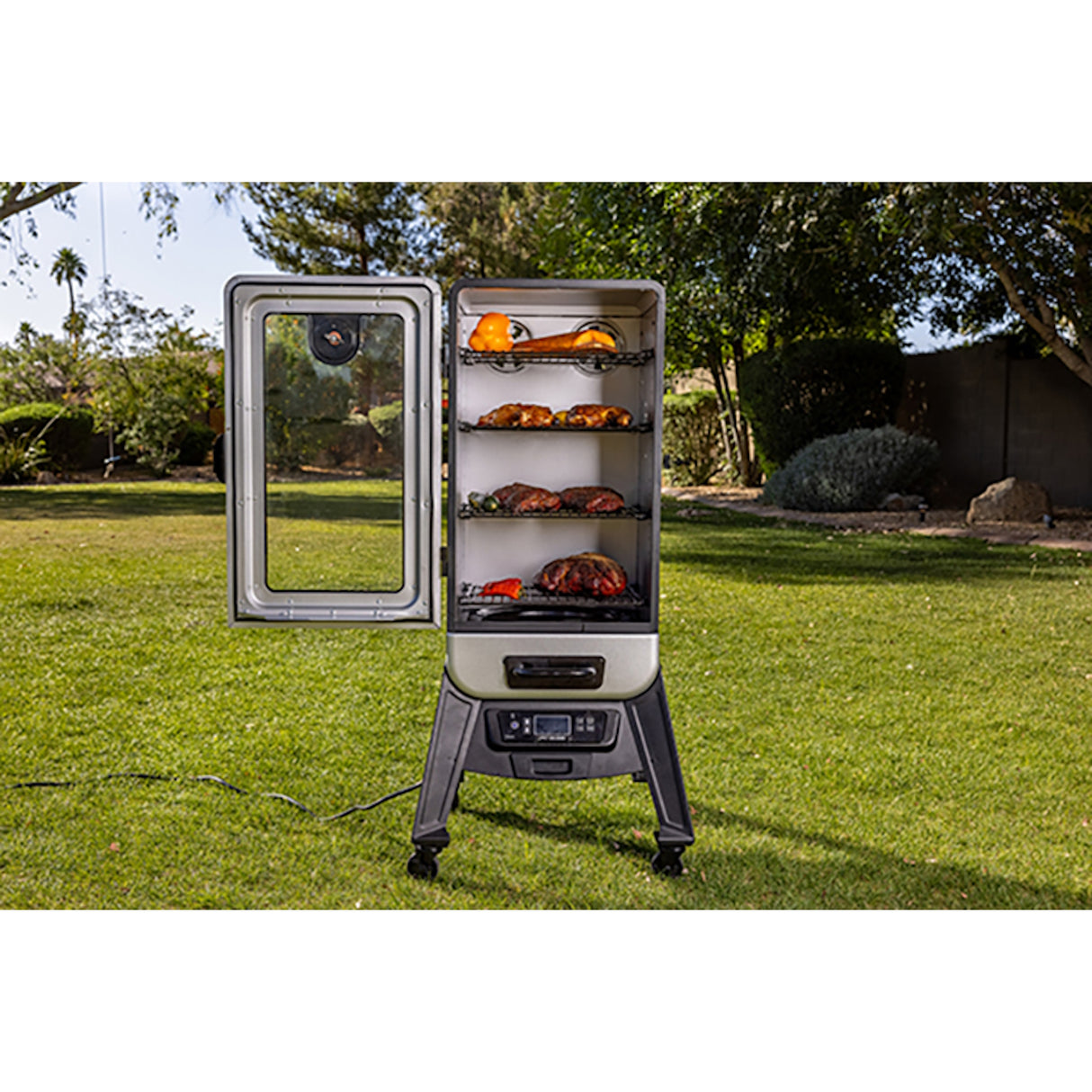 3-Series Digital Electric Vertical Smoker smoking food outdoors