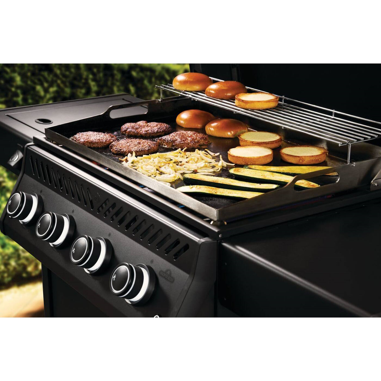 Napoleon Rogue PRO Phantom 30 Grill close up hamburgers on grill