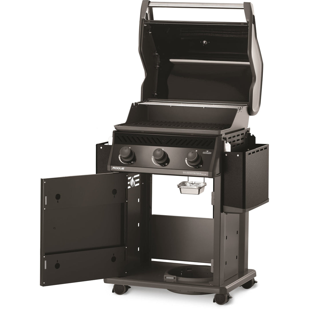 Napoleon Rogue 425 3-Burner Gas Grill left angle with lids and doors open and shelves down