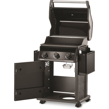 Napoleon Rogue 425 3-Burner Gas Grill shelves down lids and doors open