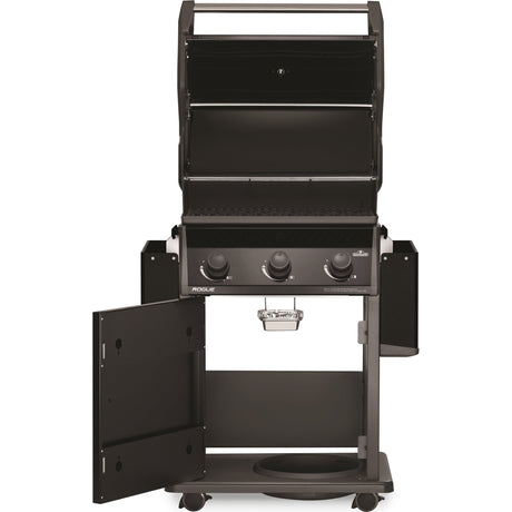 Napoleon Rogue 425 3-Burner Gas Grill lid and door open shelves down