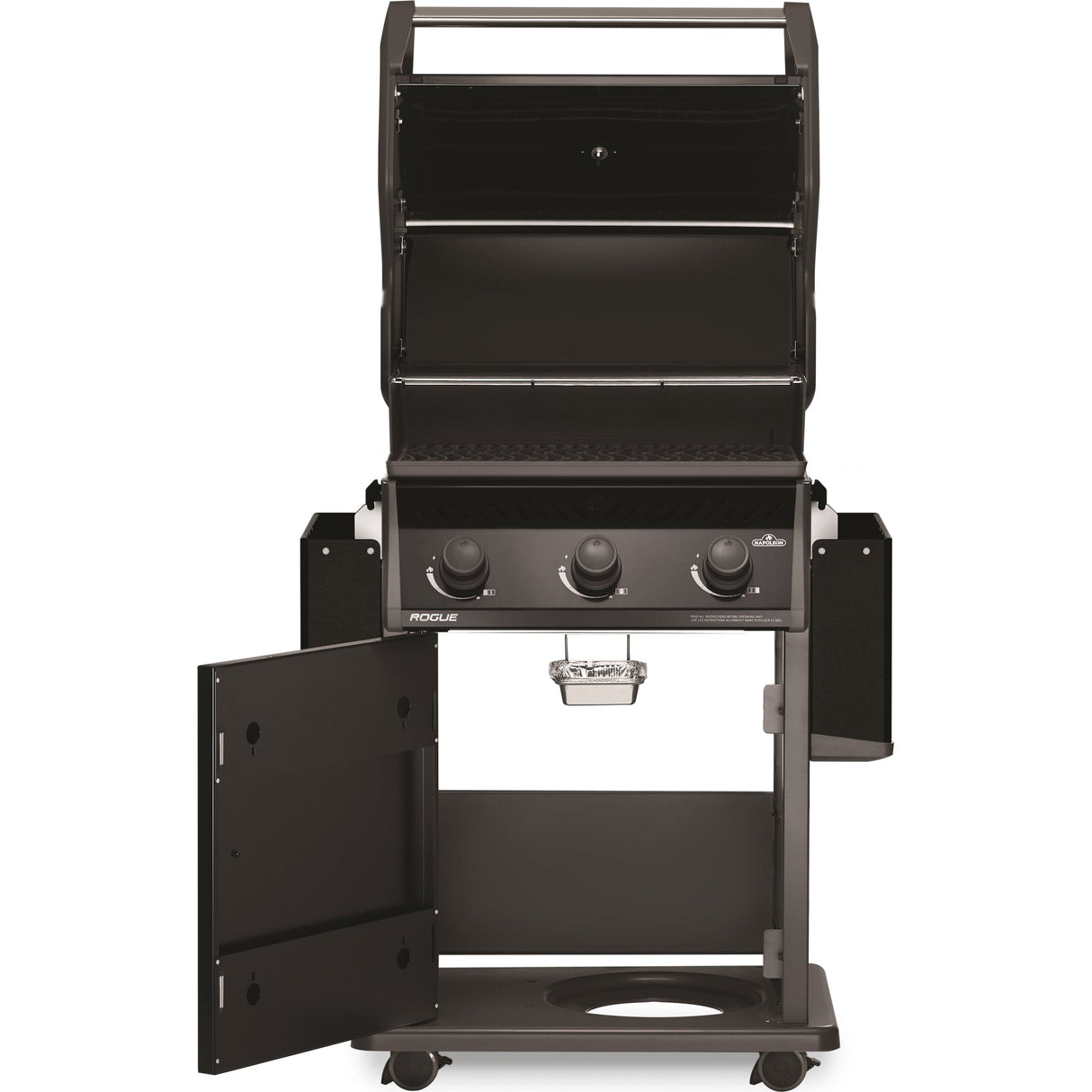 Napoleon Rogue 425 3-Burner Gas Grill shelves down door and lid open