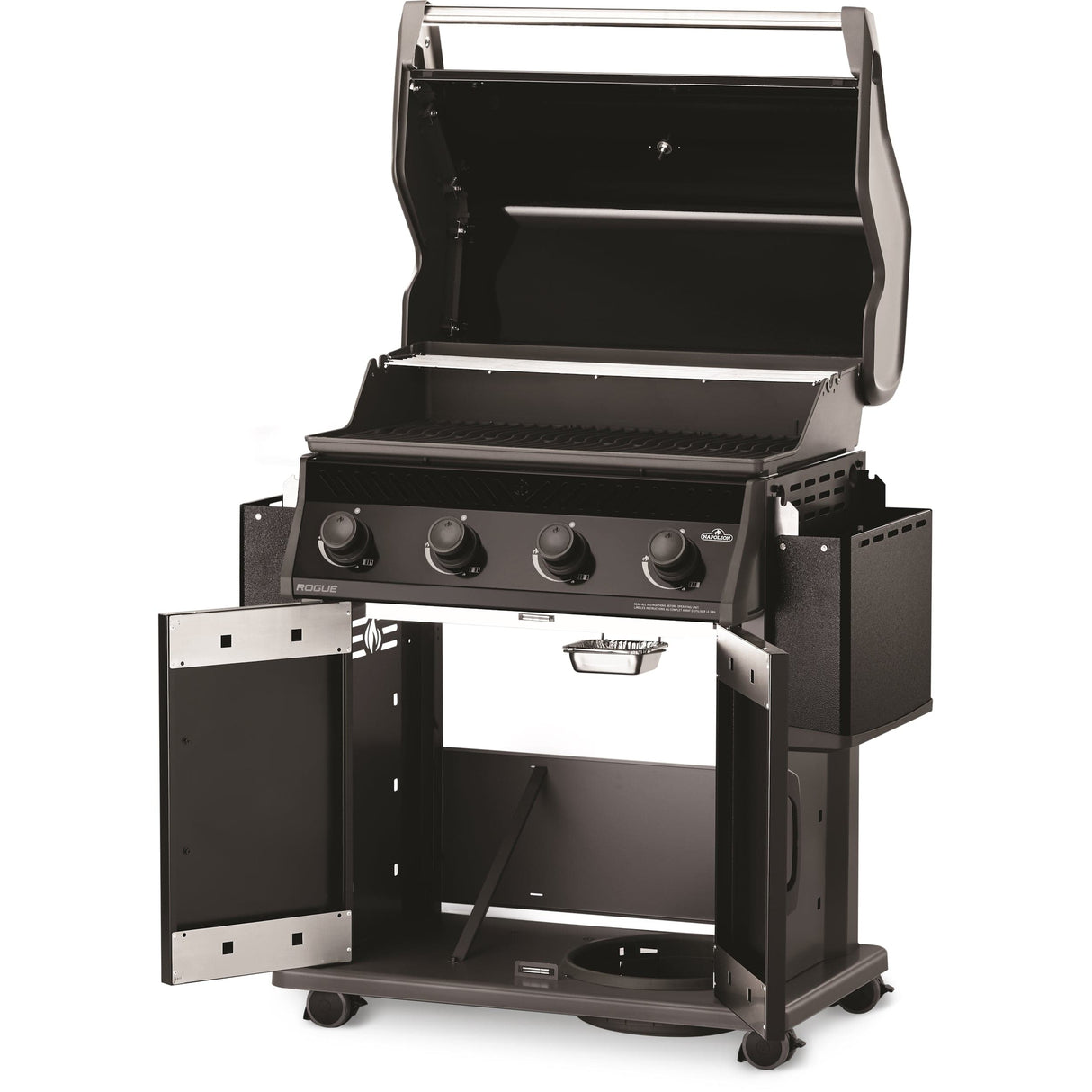 Napoleon Rogue 525 4-Burner Gas Grill left angle shelves down and doors and lids open