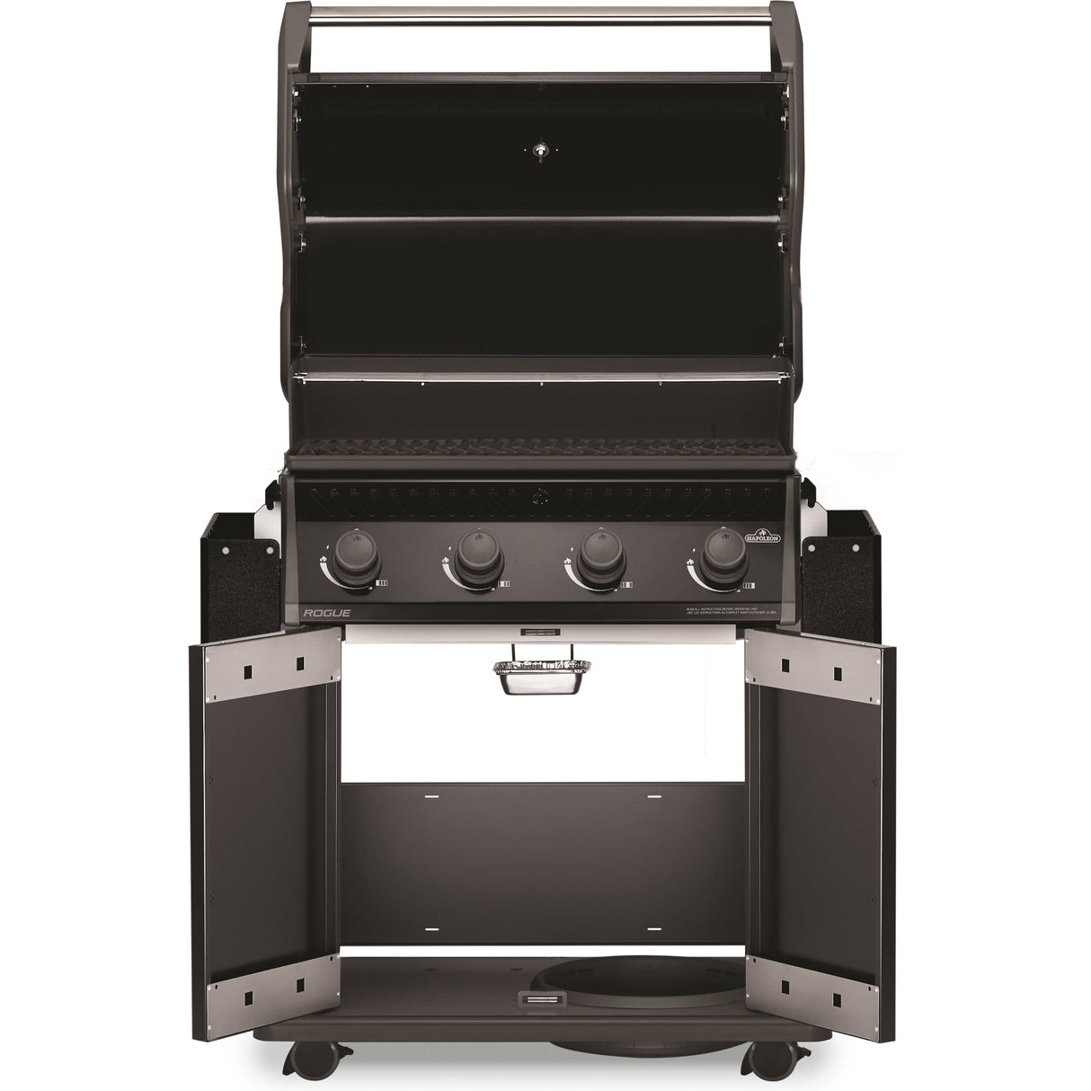 Napoleon Rogue 525 4-Burner Gas Grill lids and doors open shelves down