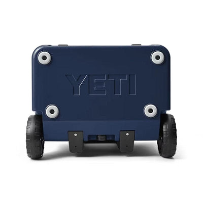 bottom side of a  Navy YETI Roadie - 60 Wheeled Cool Box 