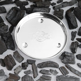 18 Inch BBQ Drip Tray on white surrounded by coals