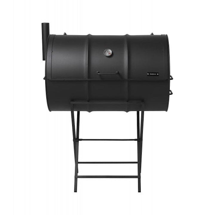 front side of a Drumbecue Original Charcoal BBQ Drum Smoker with closed lid
