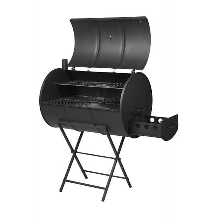 Drumbecue Original Charcoal BBQ Drum Smoker with opened lid and pulled-out charcoal box