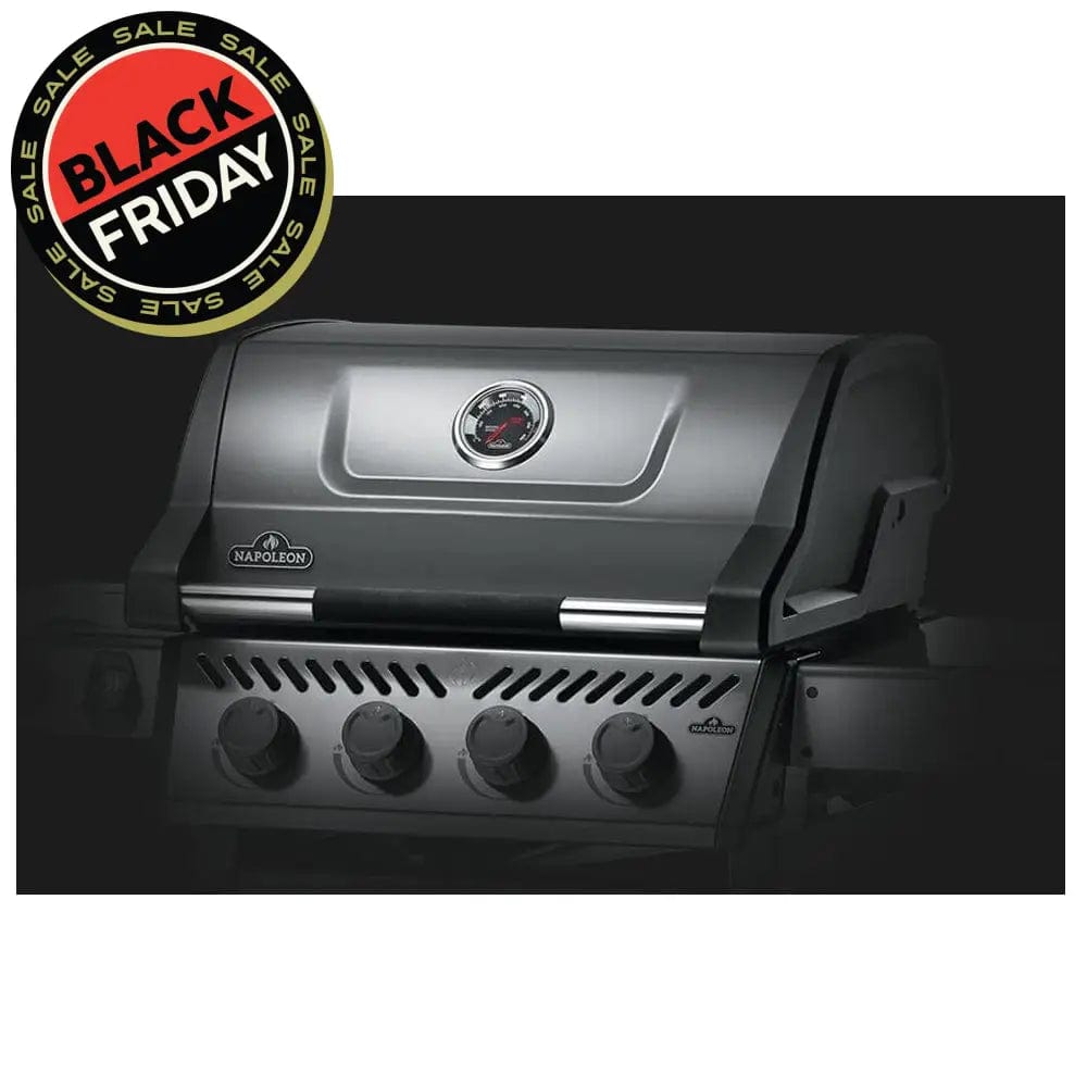 Napoleon Freestyle 425 4-Burner Gas Grill knobs and head grill lid closed with thermostat 