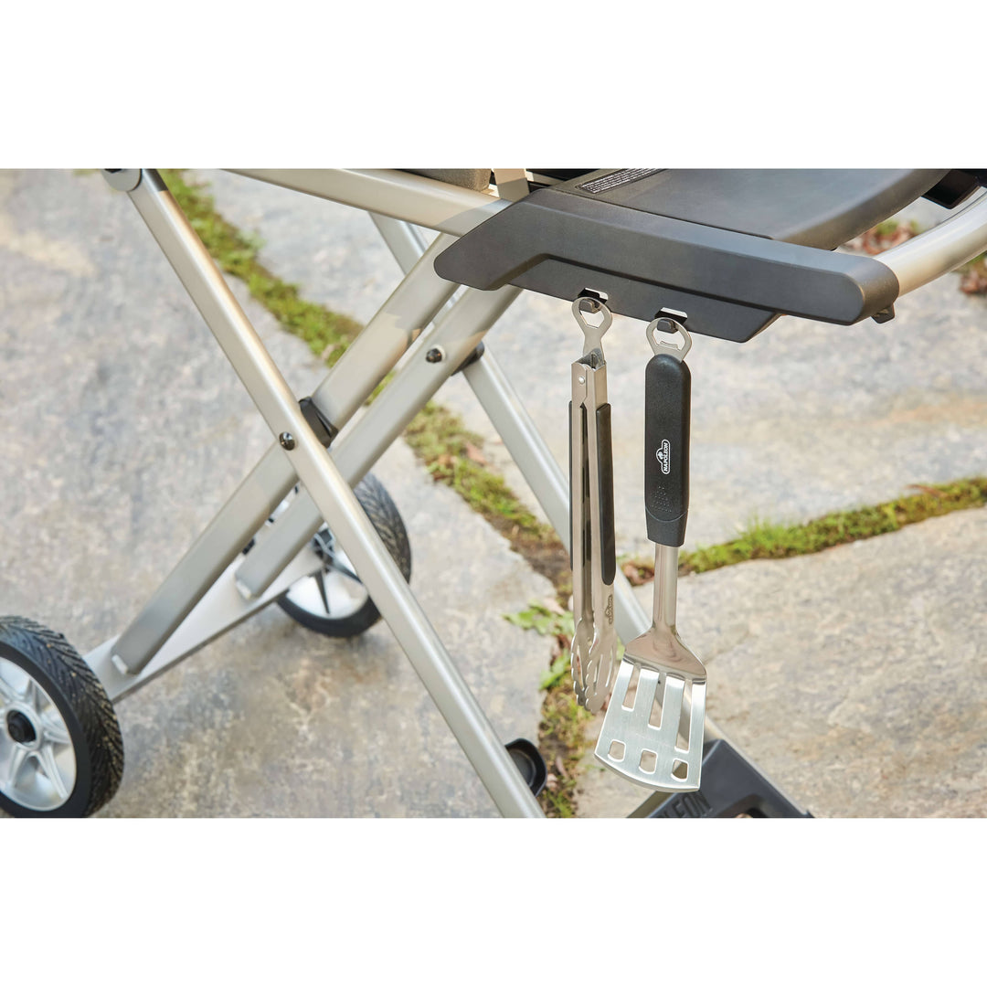 hanging grilling equipment on Napoleon Portable Gas Grill with Scissor Cart