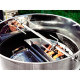 A closer look at a Slow 'N Sear® Kettle Ring Rotisserie Kit that is fitted on top a prepped kettle grill without the lid.