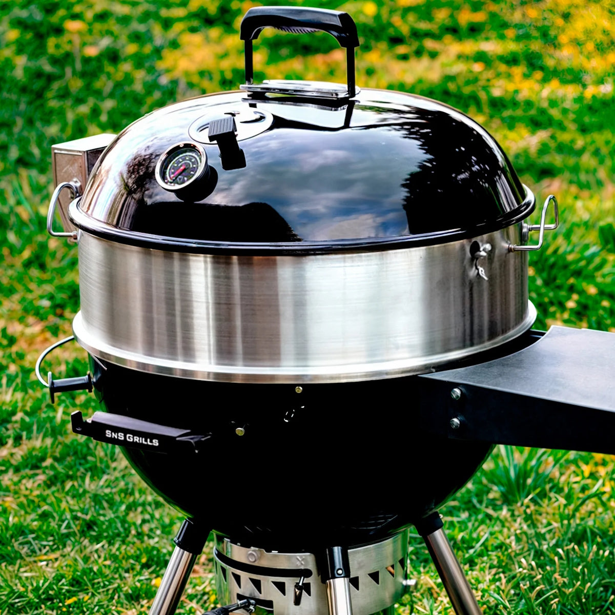 Slow 'N Sear® Kettle Ring Rotisserie Kit placed on top of a kettle grill with its lid closed.