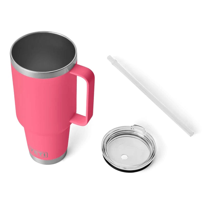 tropical pink YETI Rambler 42 oz Straw Mug, straw and a lid