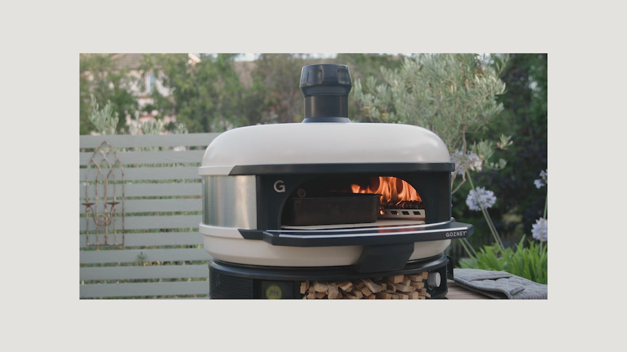 A video presentation of a Gozney Dome Pizza oven at work using a mantel 