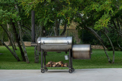 Front view of Aaron Franklin offset smoker with Lid closed
