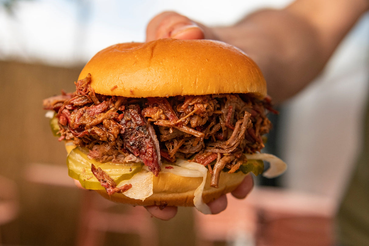 pulled beef hamburger smoked on Aaron Franklin offset smoker