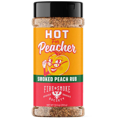 front side of a bottle of Fire & Smoke Society - Hot for Peacher - Smoked Peach Rub