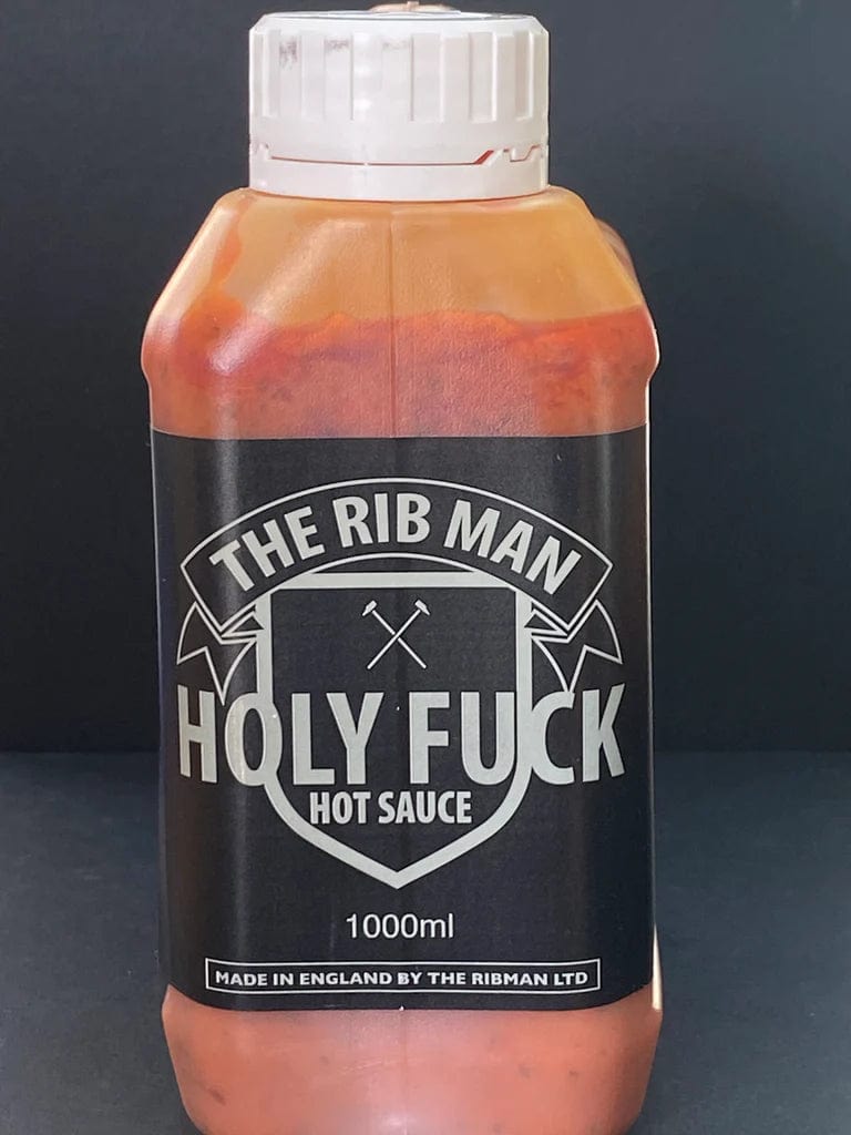 Holy Fuck Hot 
Sauce 1000 ml 
Red bottle with 
white Cap by 
the Rib Man.