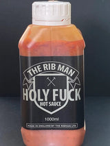 Holy Fuck Hot 
Sauce 1000 ml 
Red bottle with 
white Cap by 
the Rib Man.