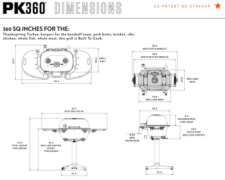 PK360 Aluminium Charcoal Grill & Smoker dimensions