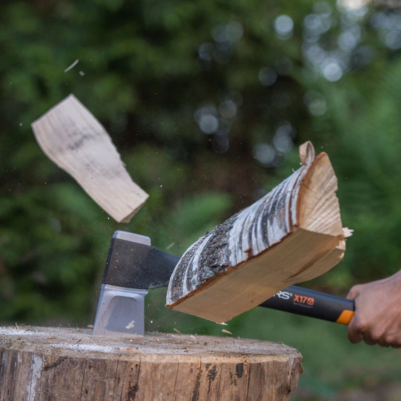 cutting wood with Fiskars x7 Premium Axe